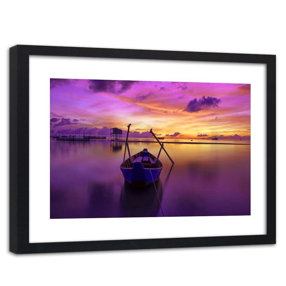 Glezna melnā rāmī - Boat On Calm Lake 3 Home Trends