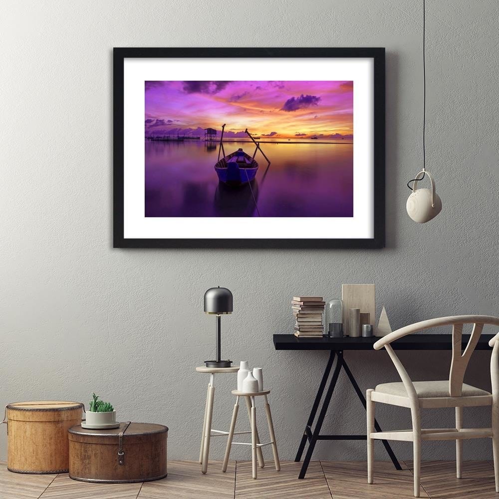 Glezna melnā rāmī - Boat On Calm Lake 3 Home Trends