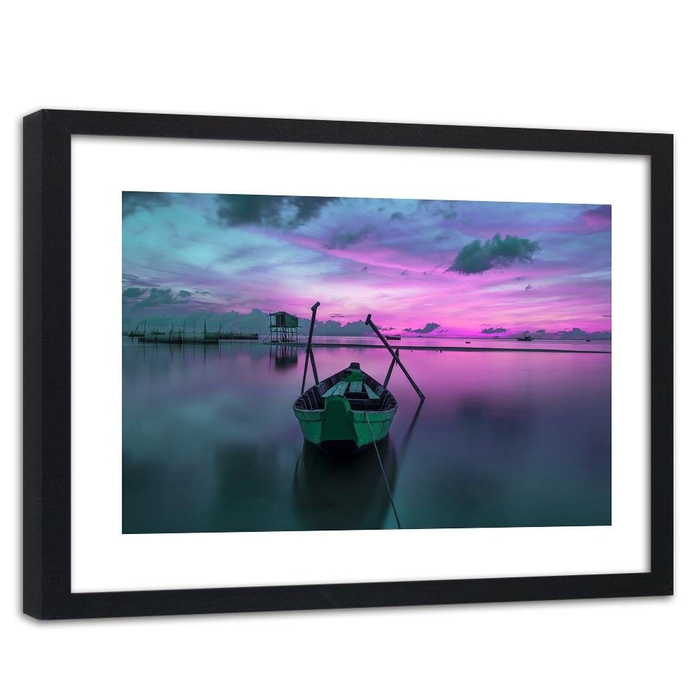 Glezna melnā rāmī - Boat On Calm Lake 4 Home Trends