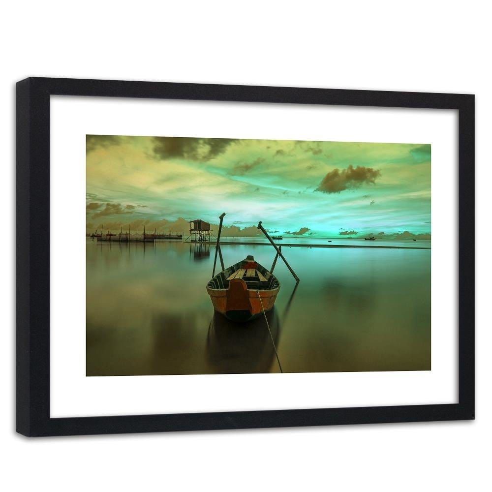 Glezna melnā rāmī - Boat On Calm Lake Home Trends