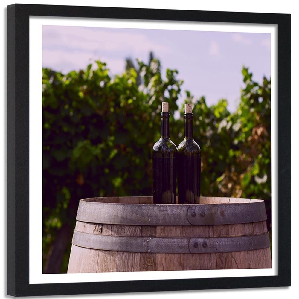 Glezna melnā rāmī - Bottles Of Wine On A Barrel Home Trends