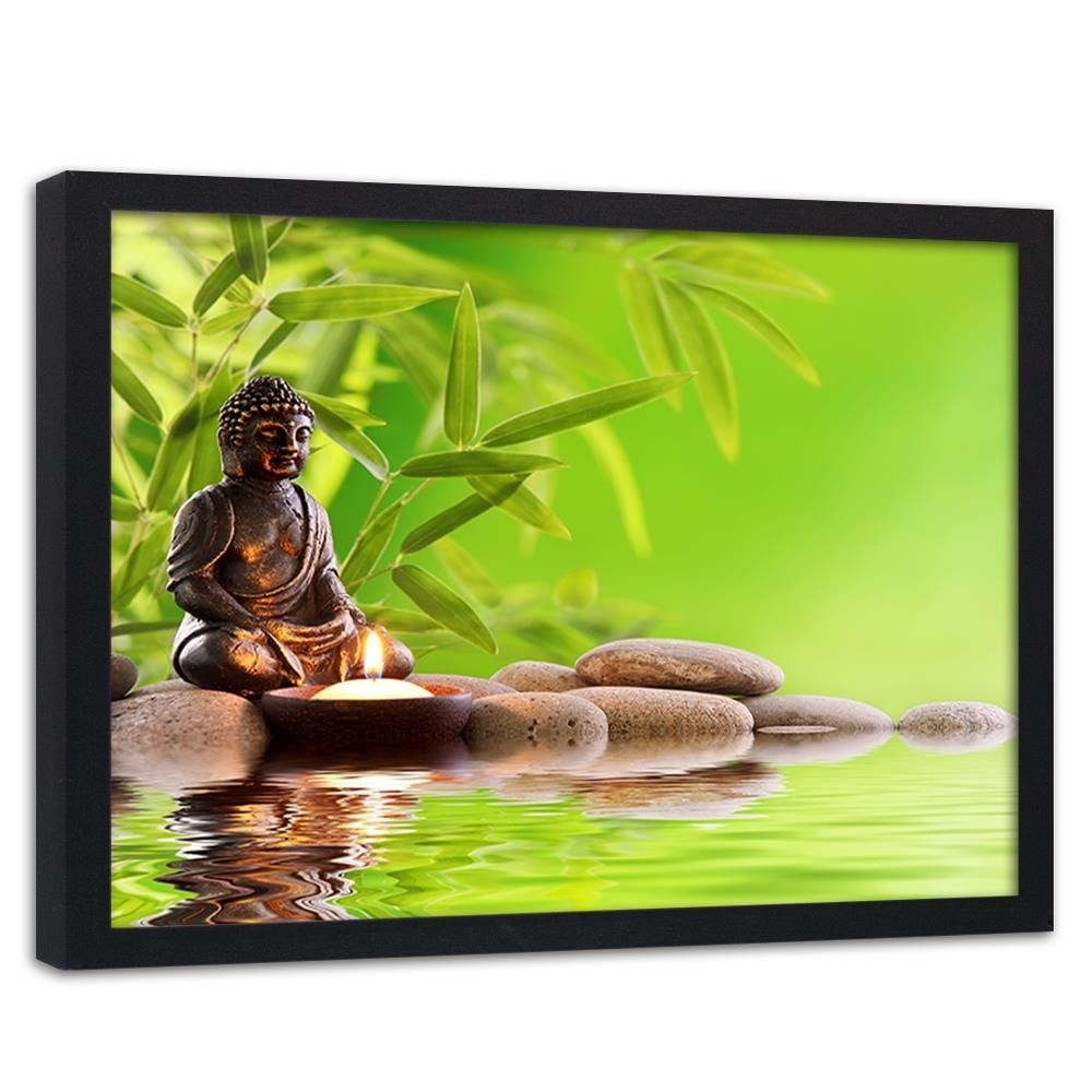 Glezna melnā rāmī - Budda On The Green Background Home Trends