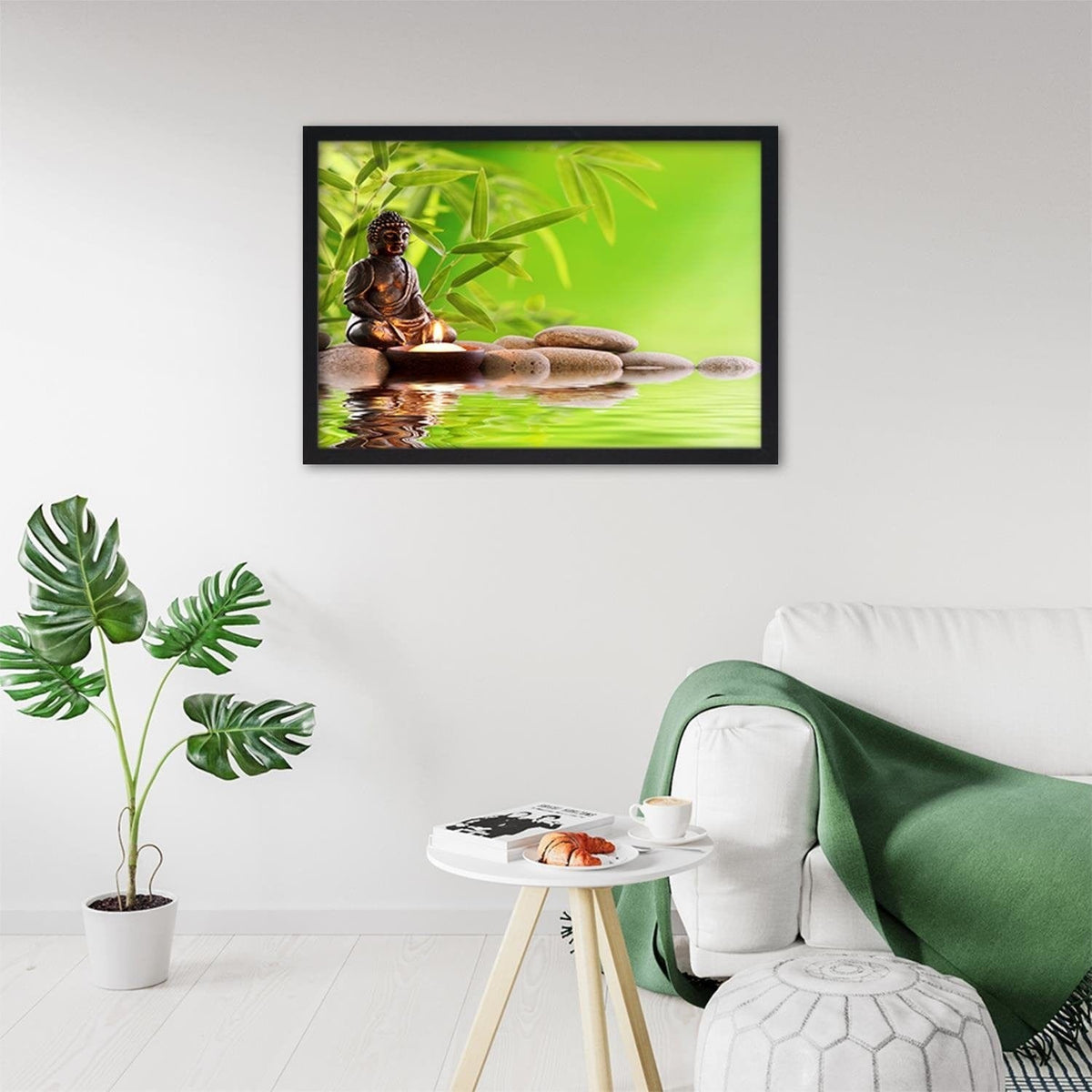 Glezna melnā rāmī - Budda On The Green Background Home Trends