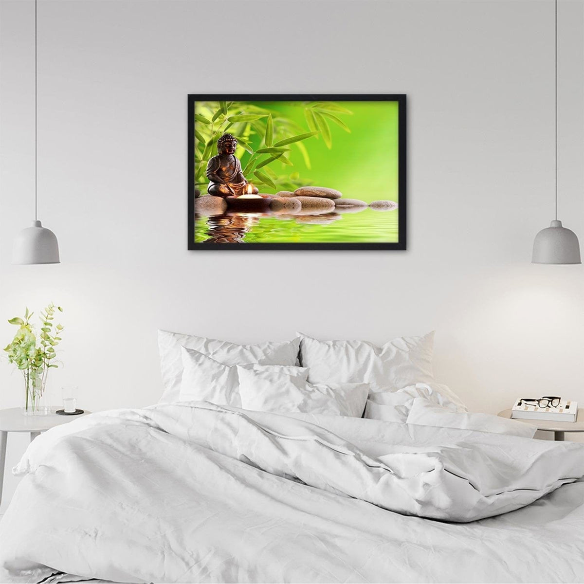 Glezna melnā rāmī - Budda On The Green Background Home Trends