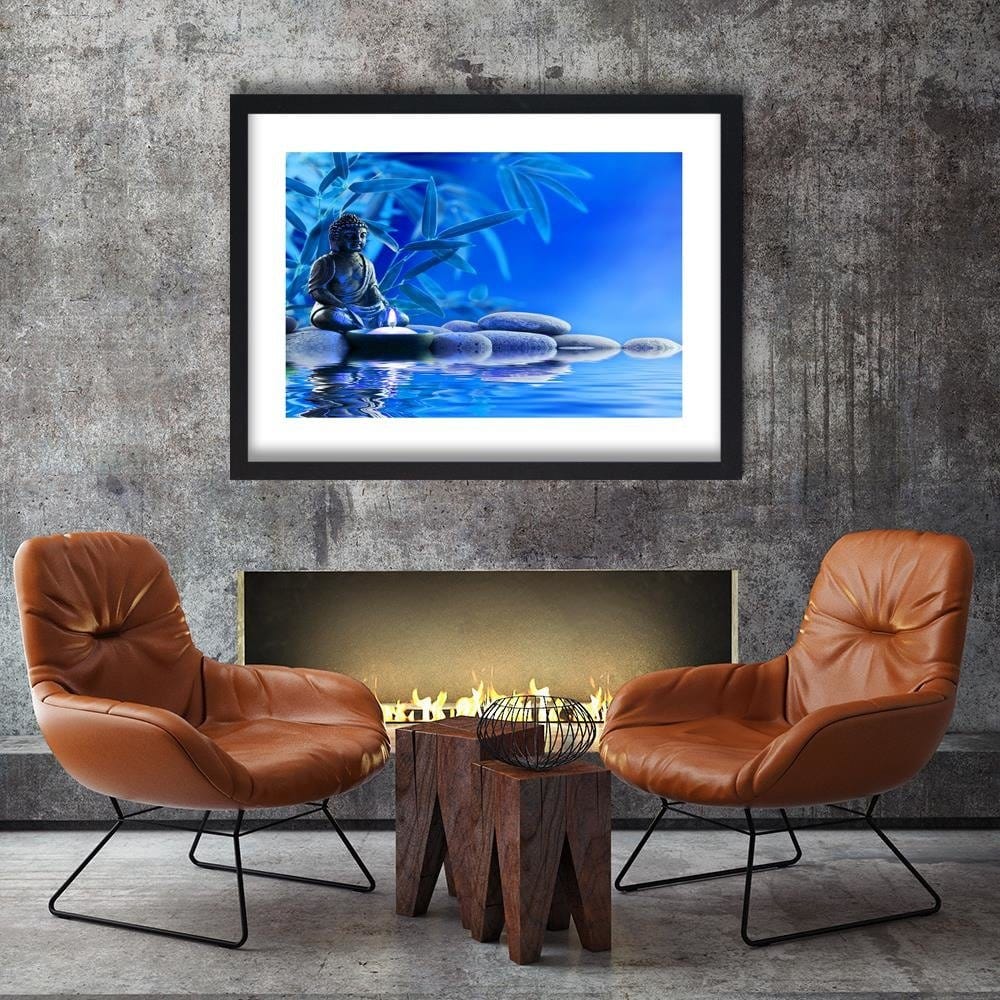 Glezna melnā rāmī - Buddha Over The Water On The Rocks Home Trends