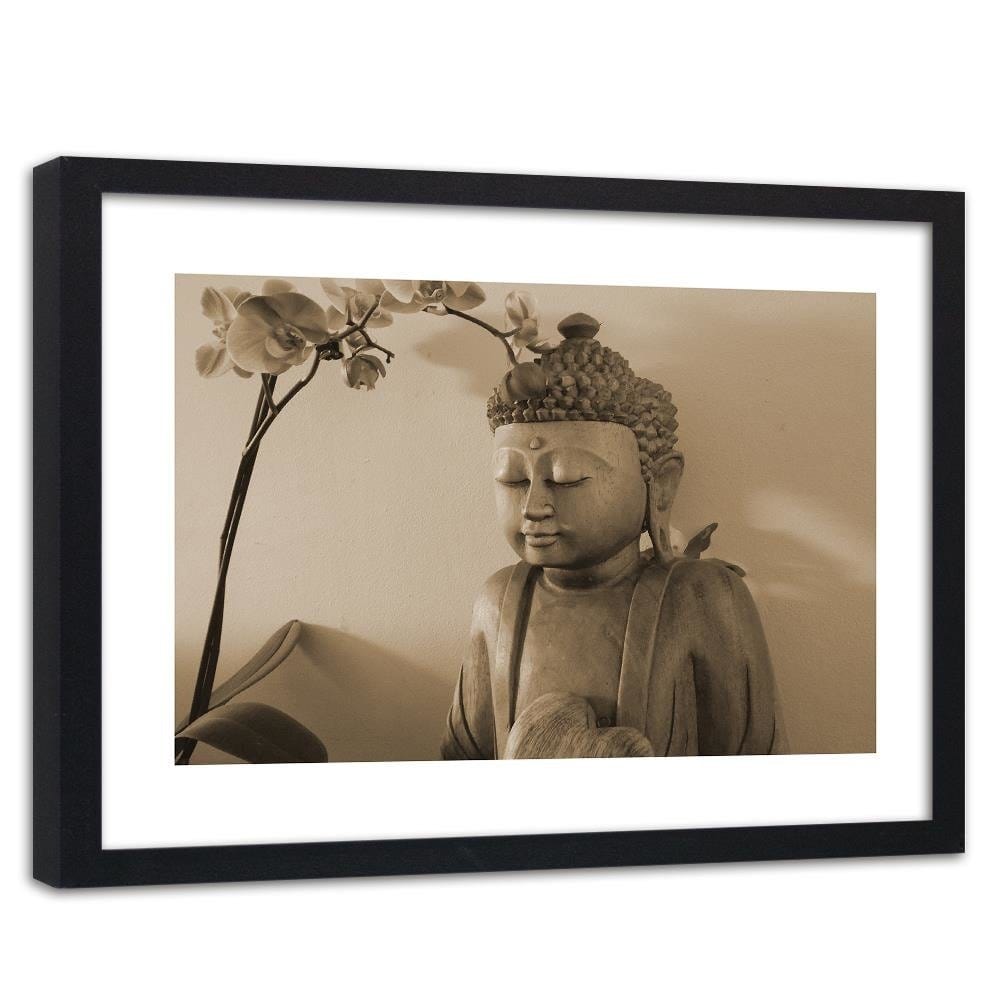Glezna melnā rāmī - Buddha With Orchid Home Trends