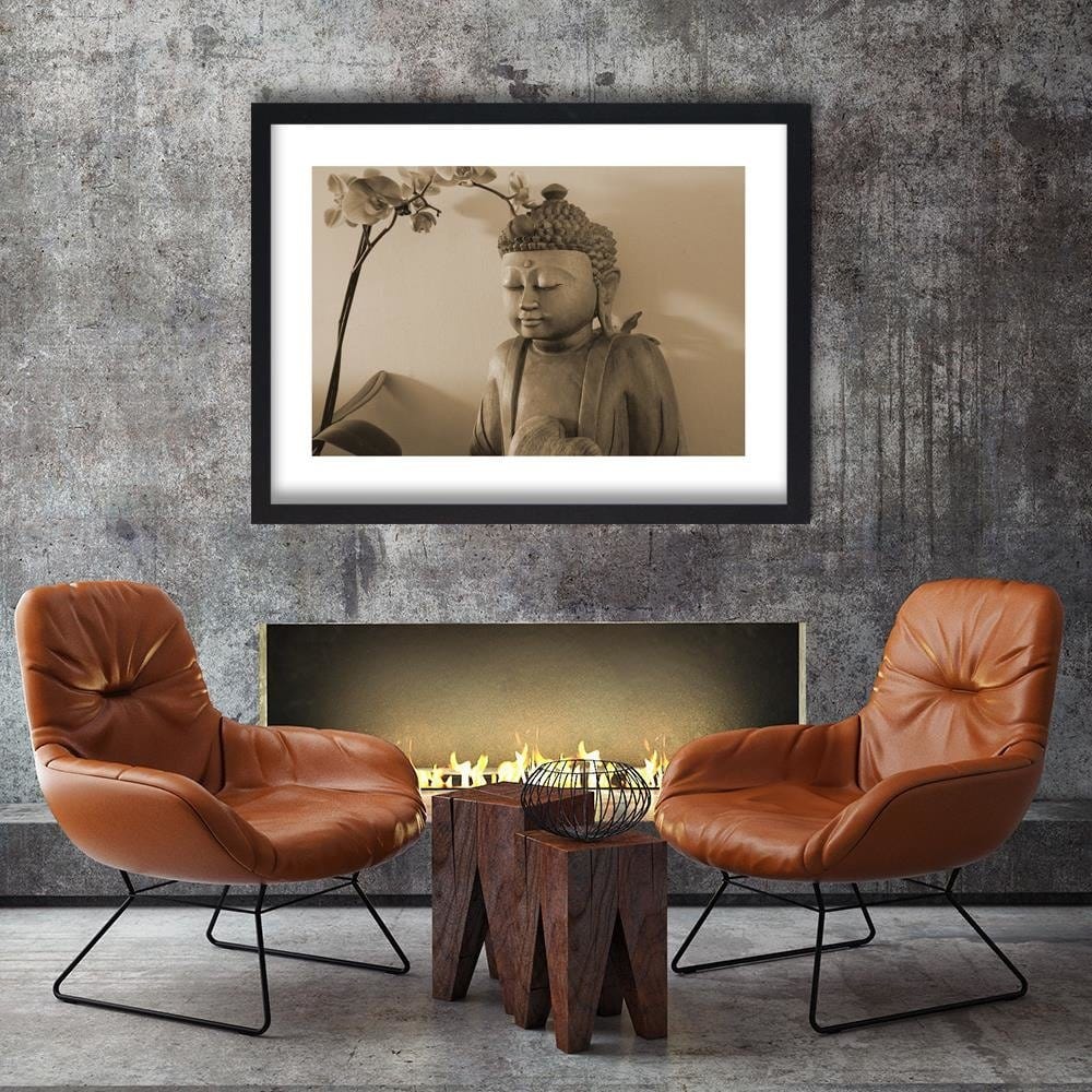 Glezna melnā rāmī - Buddha With Orchid Home Trends