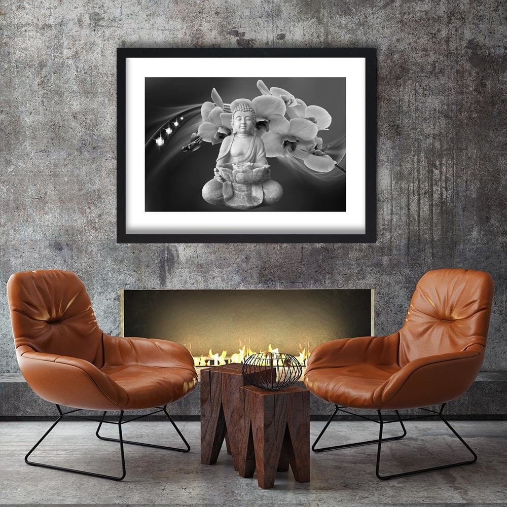 Glezna melnā rāmī - Buddha With Orchids Home Trends
