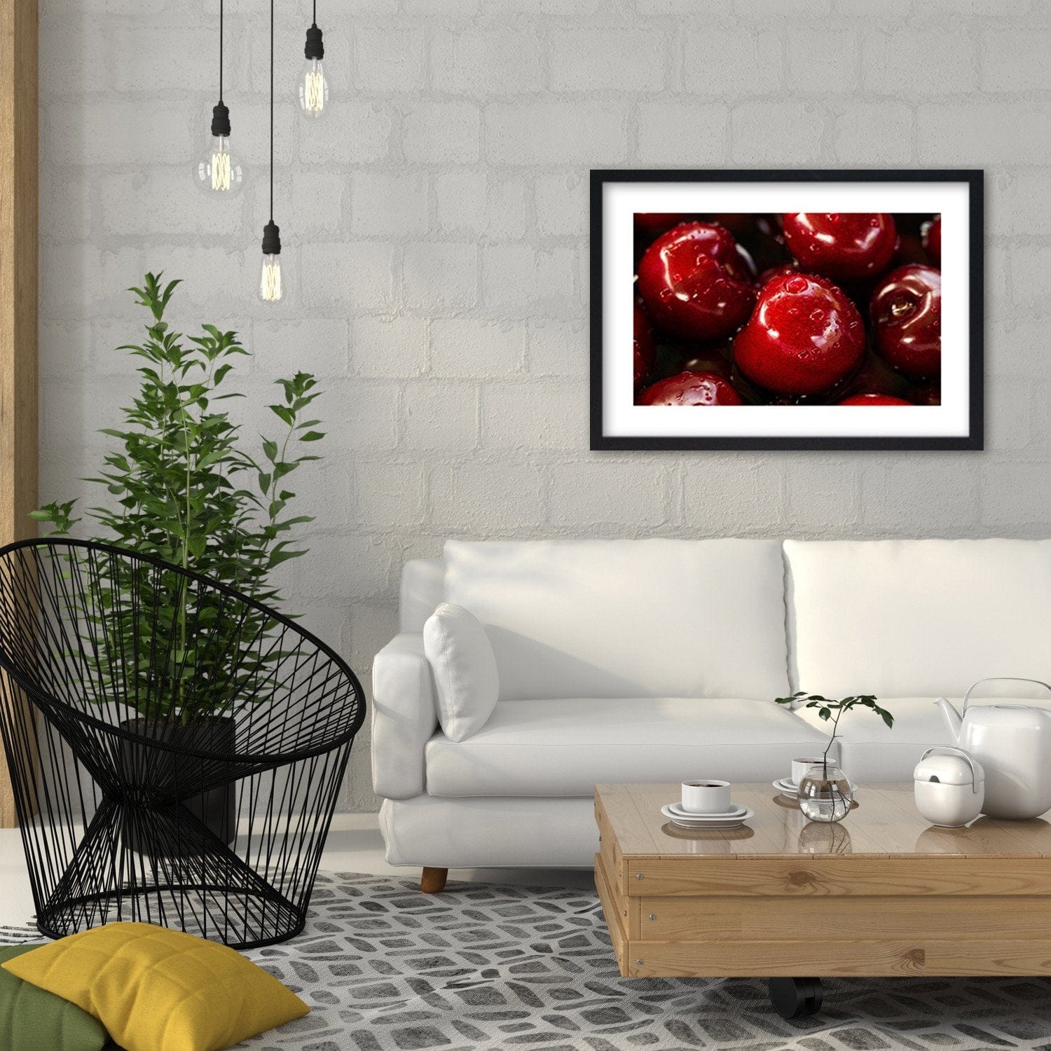 Glezna melnā rāmī - Cherries In Water Drops Home Trends