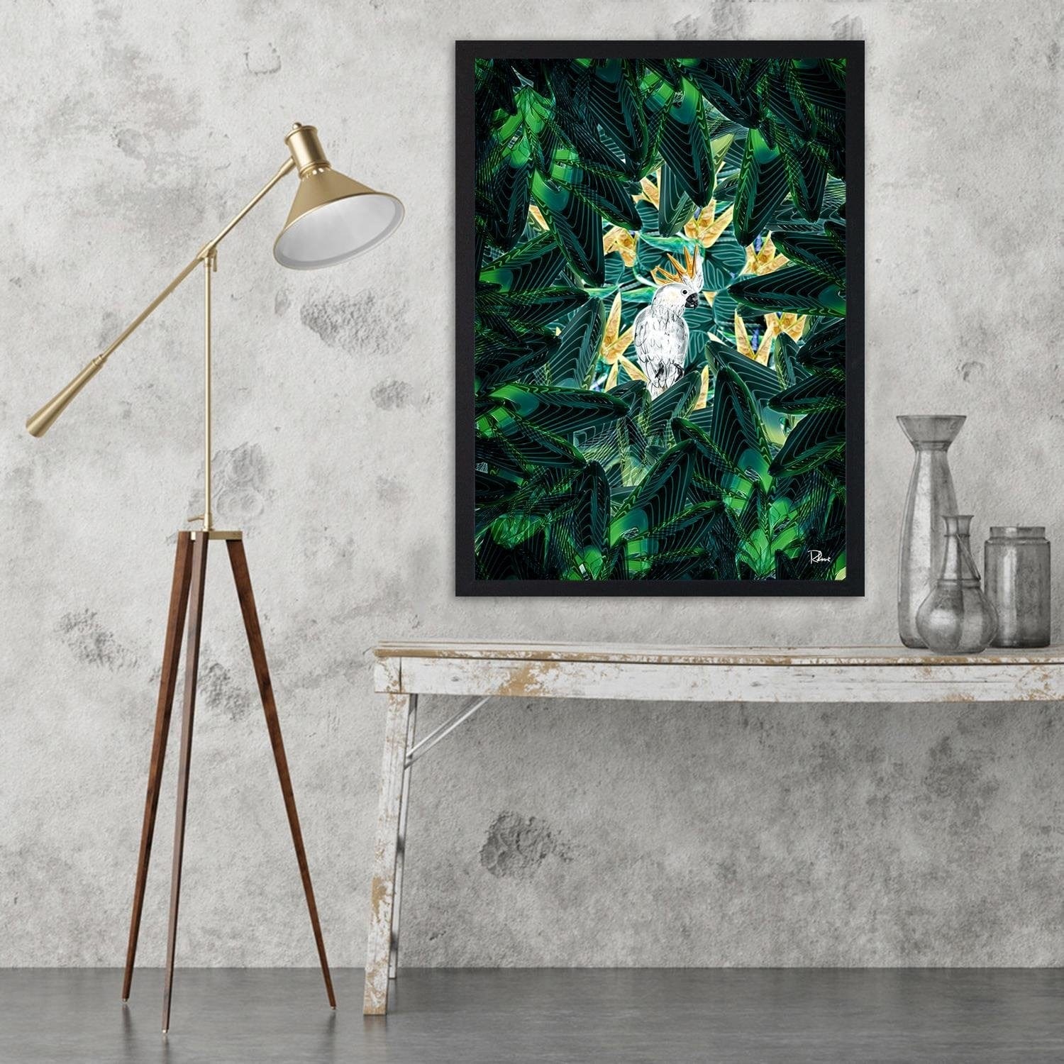 Glezna melnā rāmī - Cockatoo Image Tropical Green Home Trends