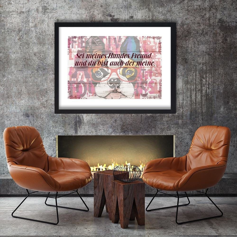 Glezna melnā rāmī - Colored Dog With Glasses Home Trends