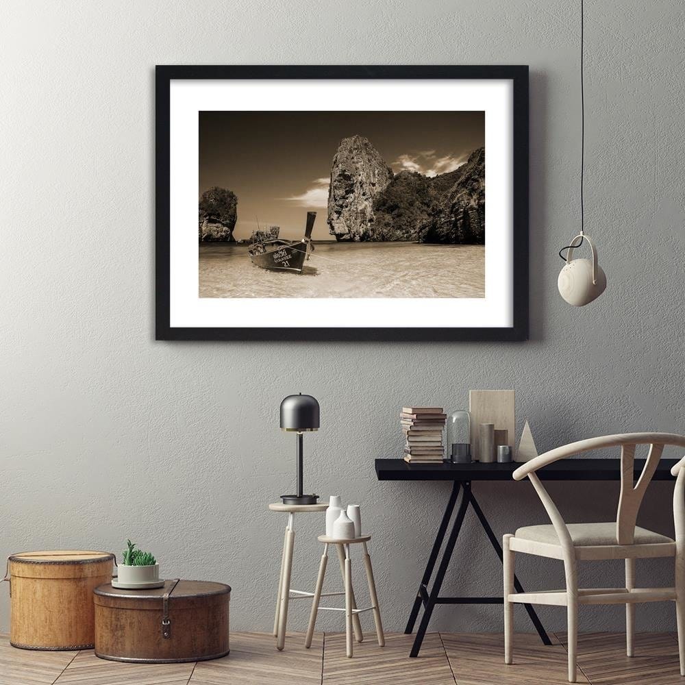 Glezna melnā rāmī - Colorful Boat On The Sea Shore 1 Home Trends