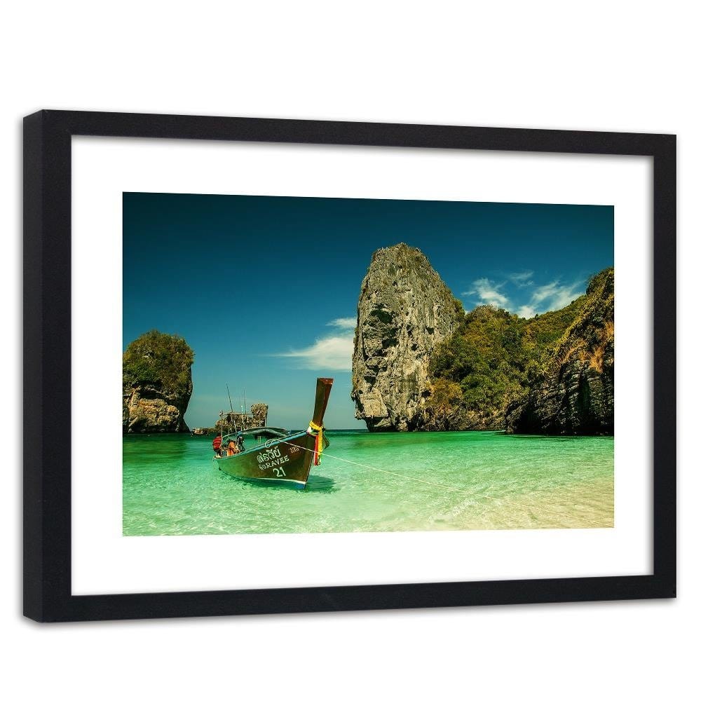 Glezna melnā rāmī - Colorful Boat On The Sea Shore 3 Home Trends
