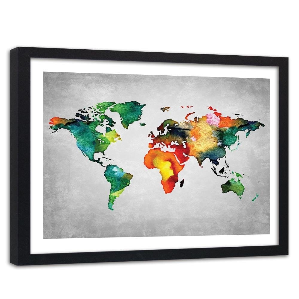 Glezna melnā rāmī - Colorful World Map On Concrete Home Trends