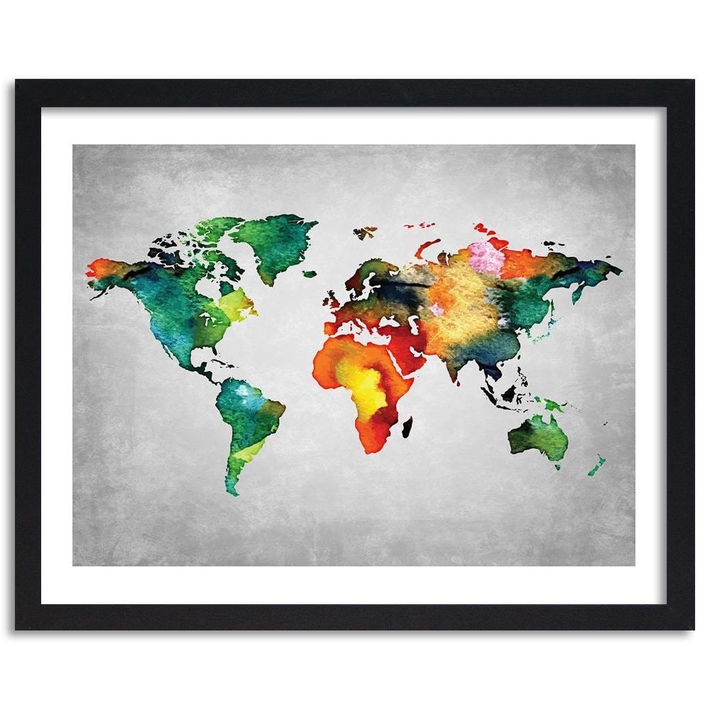 Glezna melnā rāmī - Colorful World Map On Concrete Home Trends
