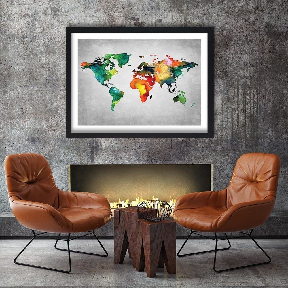 Glezna melnā rāmī - Colorful World Map On Concrete Home Trends