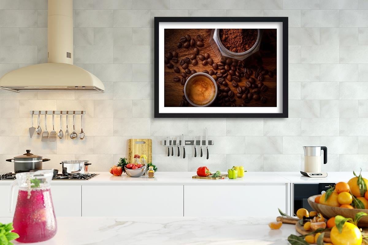 Glezna melnā rāmī - Cup Of Coffee And Beans Home Trends
