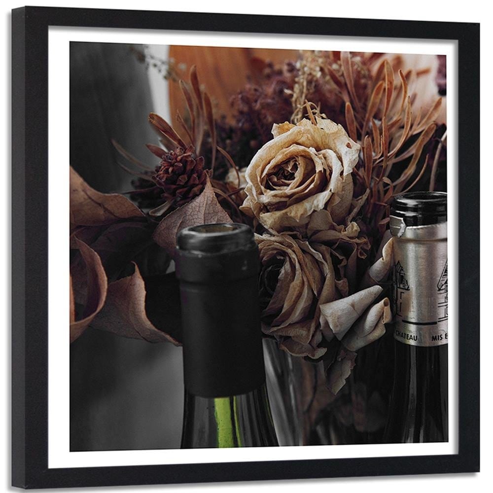 Glezna melnā rāmī - Dry Flowers And Bottles Of Wine Home Trends