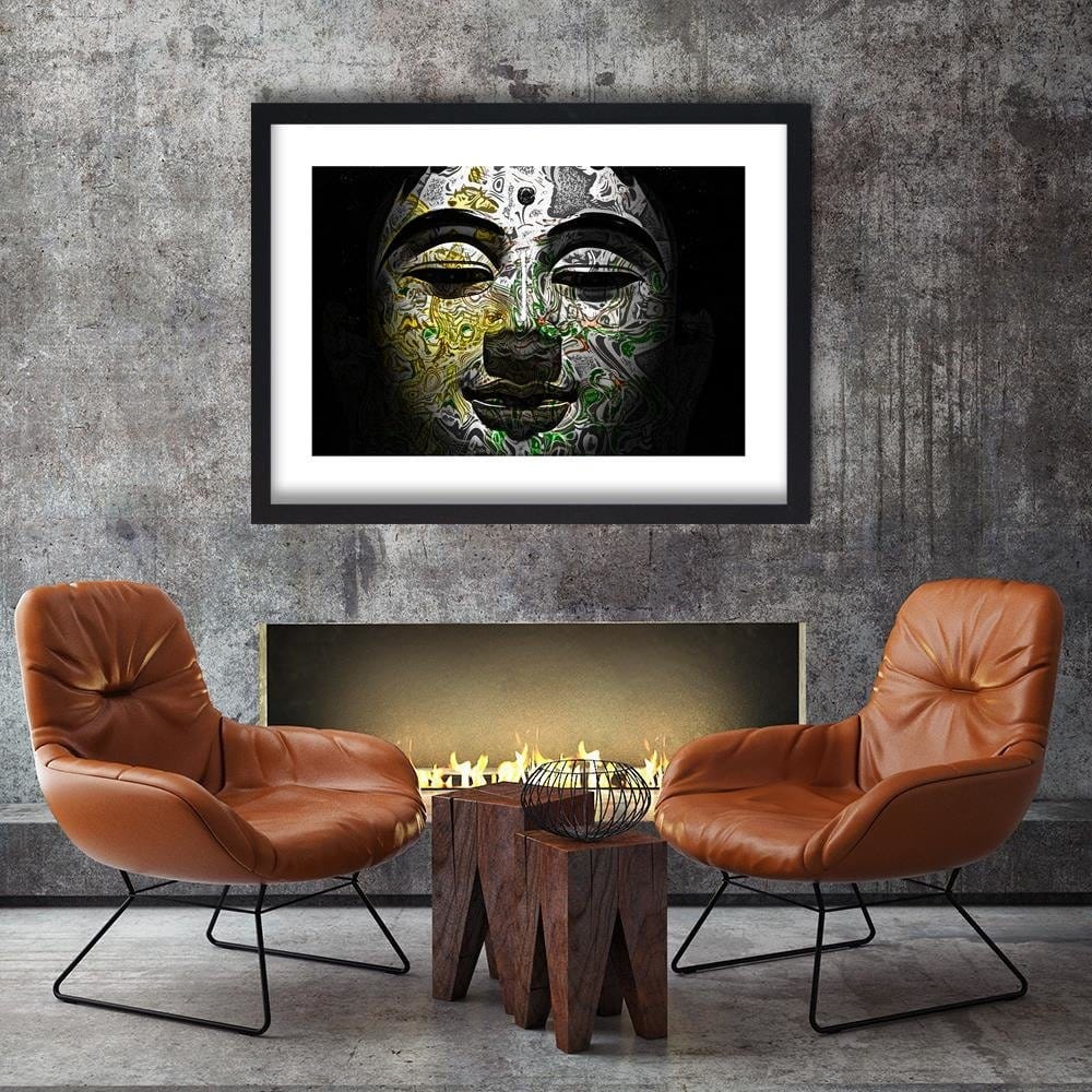 Glezna melnā rāmī - Face Of Buddha In Patterns Home Trends