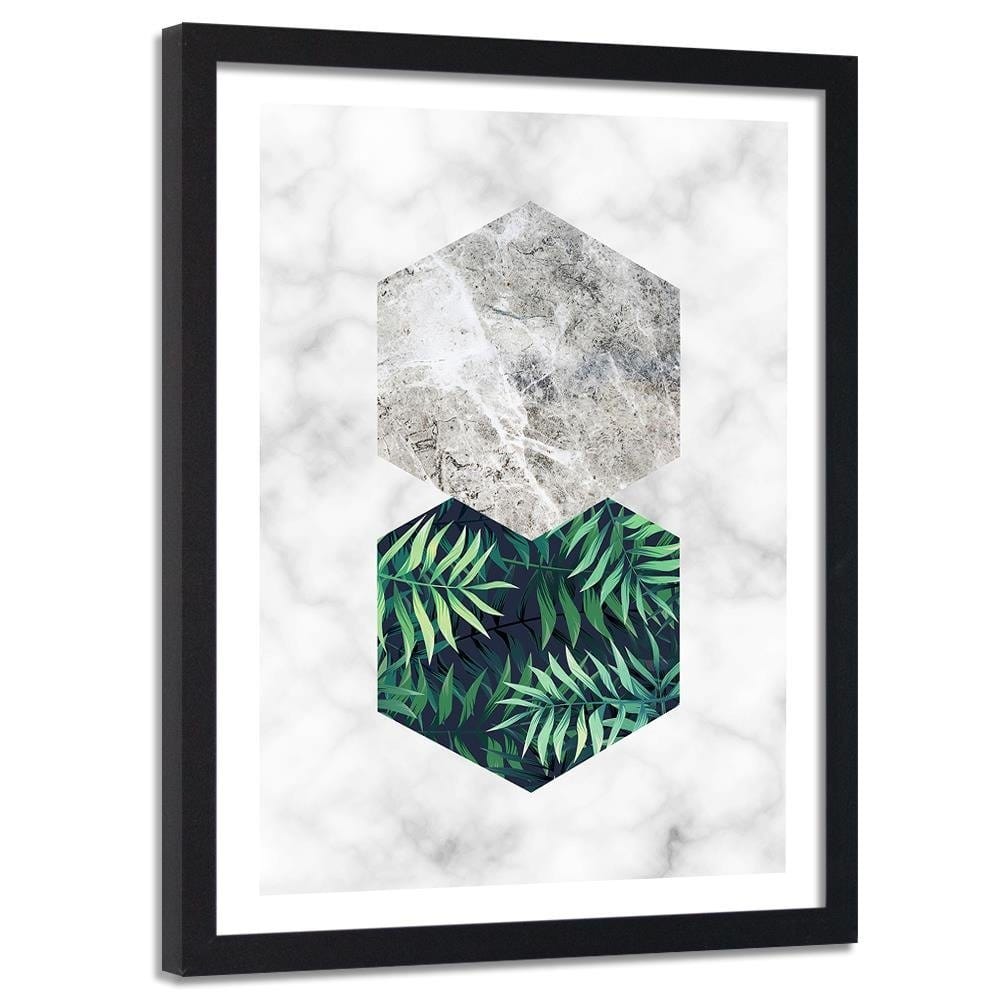 Glezna melnā rāmī - Fern Leaf In A Hexagon - Marble Home Trends