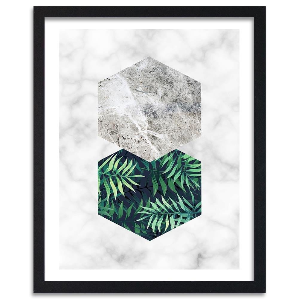 Glezna melnā rāmī - Fern Leaf In A Hexagon - Marble Home Trends