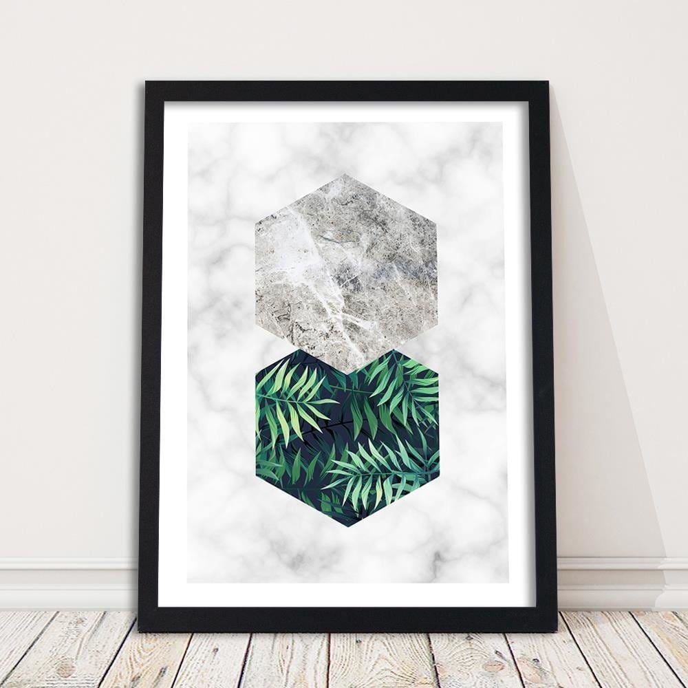 Glezna melnā rāmī - Fern Leaf In A Hexagon - Marble Home Trends