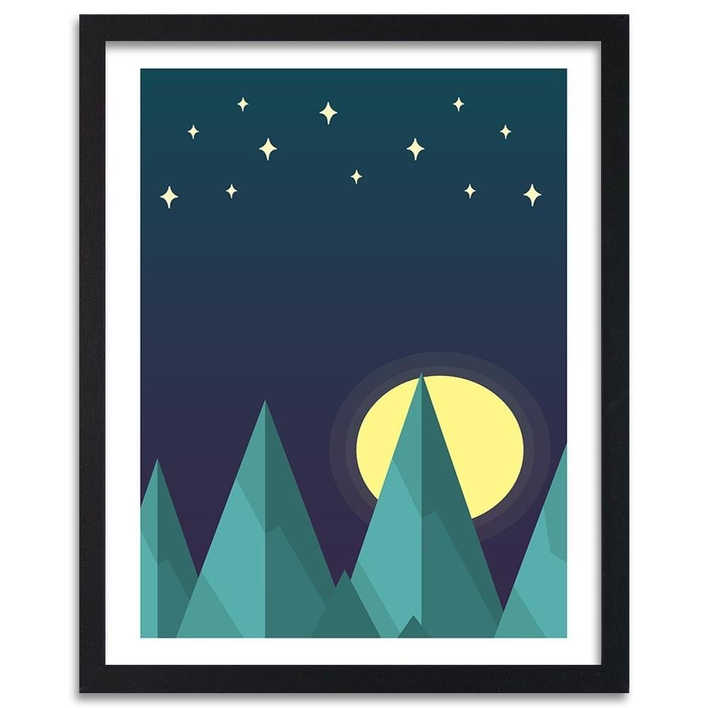 Glezna melnā rāmī - Geometric Forest Landscape With Stars Home Trends