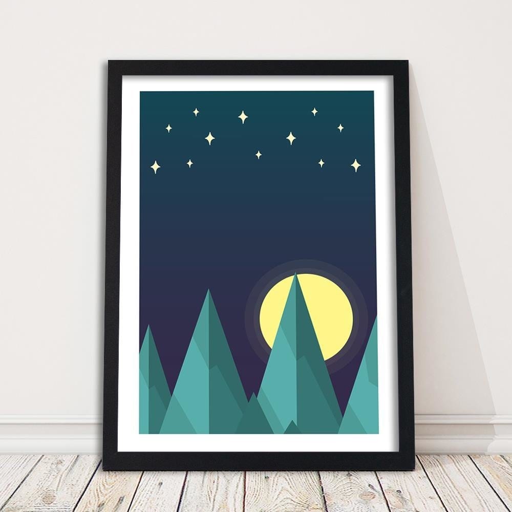 Glezna melnā rāmī - Geometric Forest Landscape With Stars Home Trends