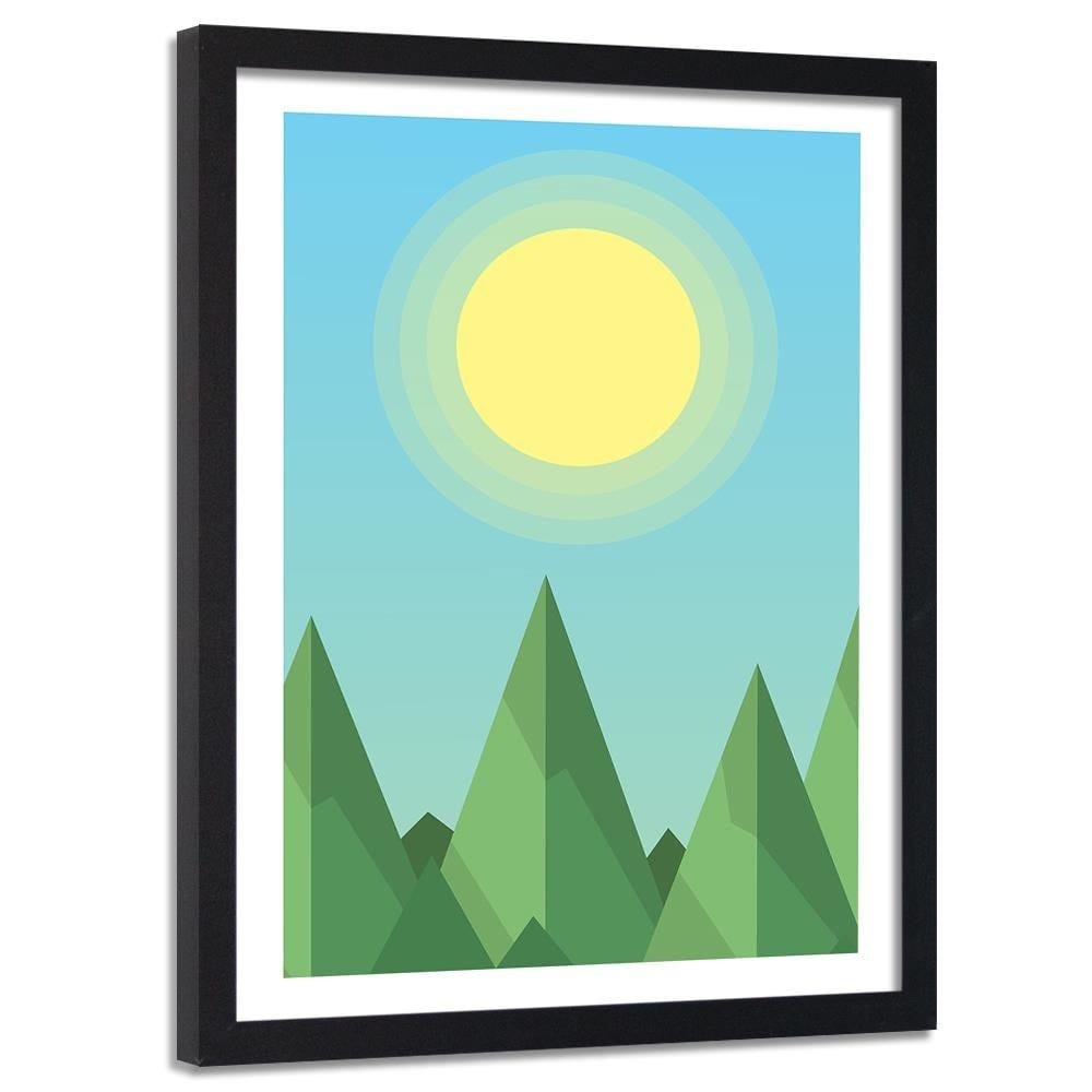 Glezna melnā rāmī - Geometric Forest Landscape With The Sun Home Trends