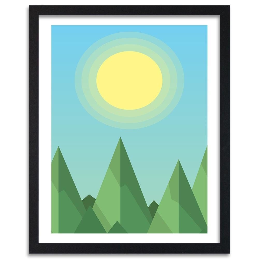 Glezna melnā rāmī - Geometric Forest Landscape With The Sun Home Trends