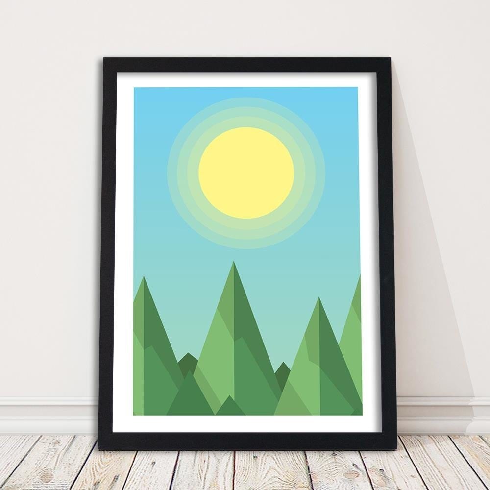Glezna melnā rāmī - Geometric Forest Landscape With The Sun Home Trends