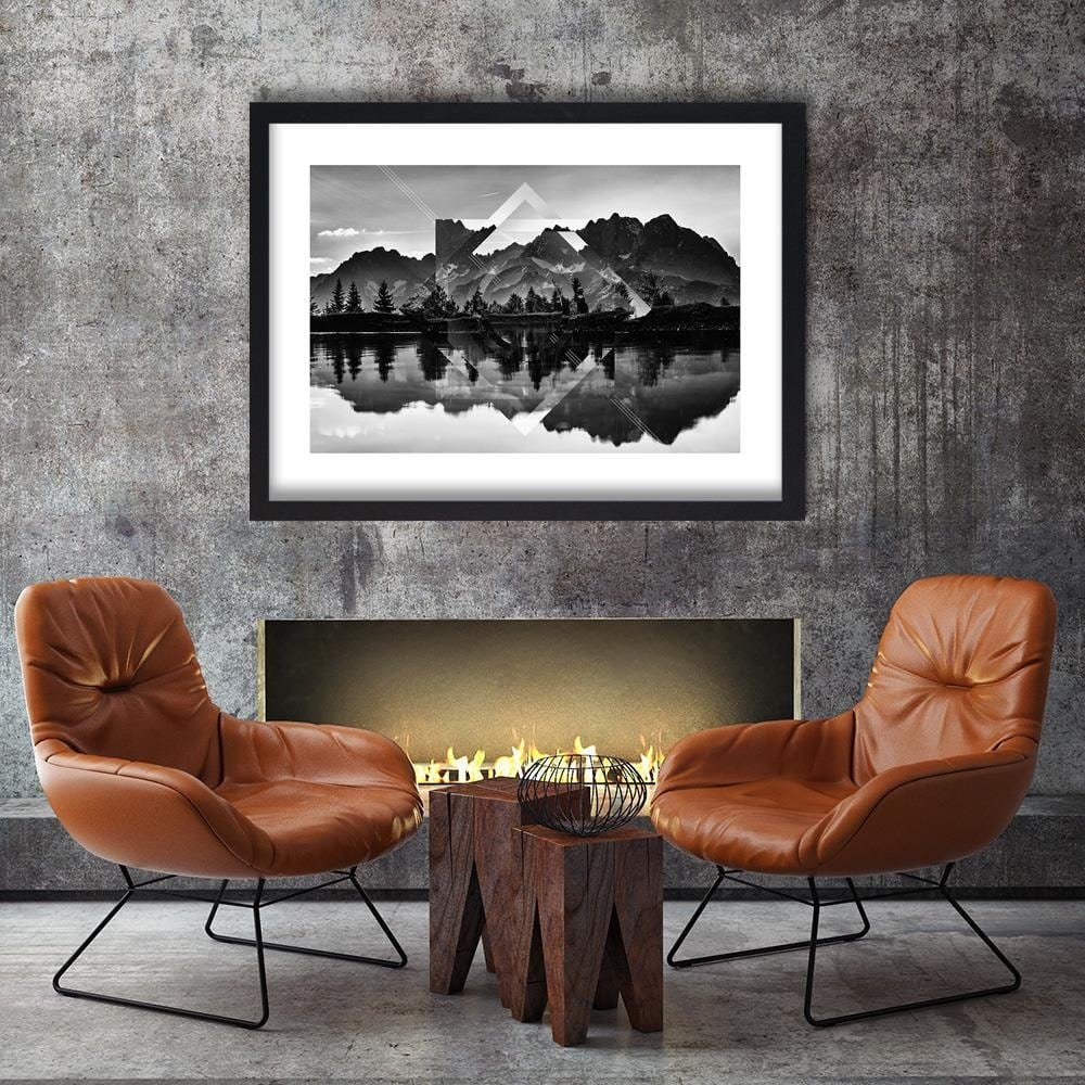 Glezna melnā rāmī - Geometric Landscape With Figures Of 3 Home Trends