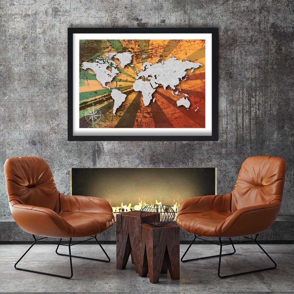 Glezna melnā rāmī - Gray Vintage World Map Home Trends