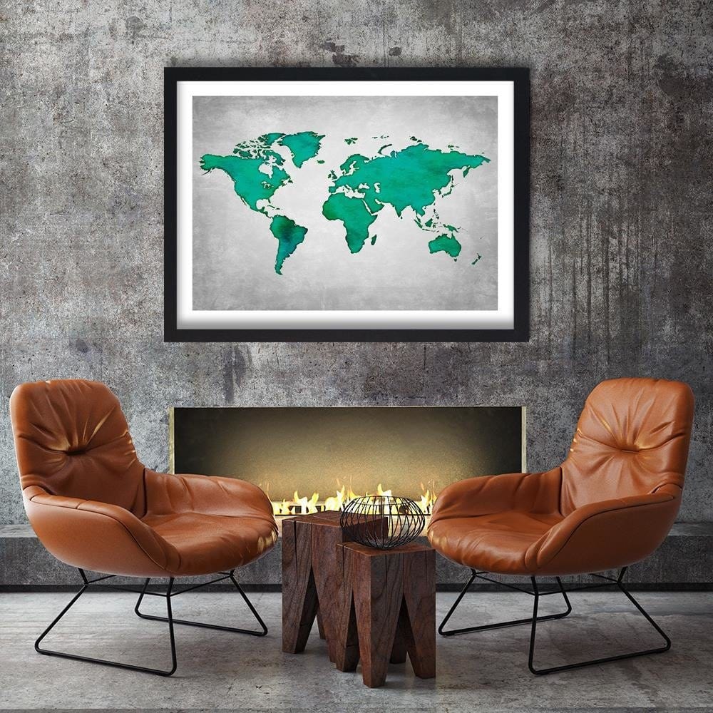 Glezna melnā rāmī - Green Map Of The World On Concrete Home Trends