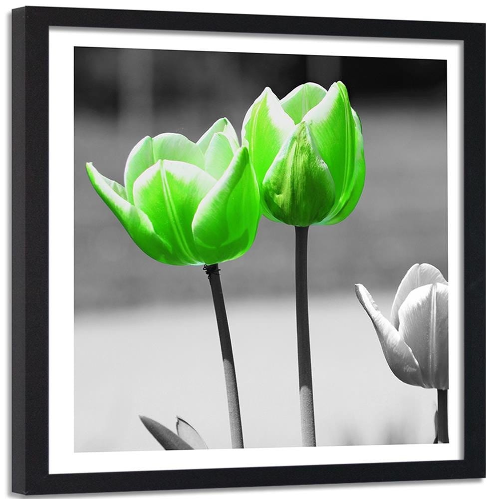 Glezna melnā rāmī - Green Poppies In Gray Home Trends
