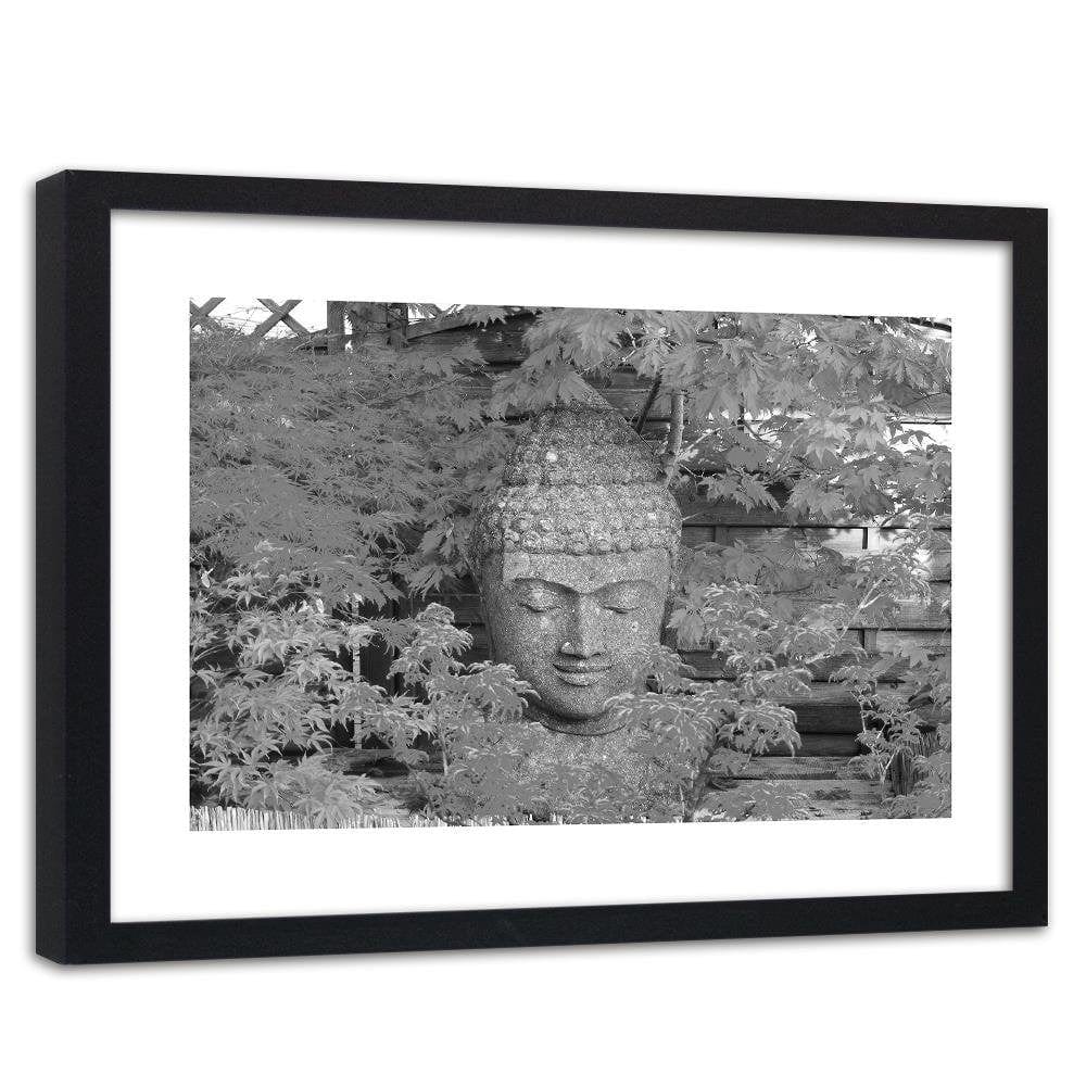 Glezna melnā rāmī - Head Of Buddha Among The Leaves Home Trends
