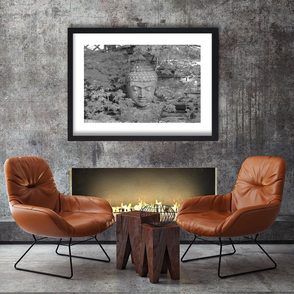 Glezna melnā rāmī - Head Of Buddha Among The Leaves Home Trends