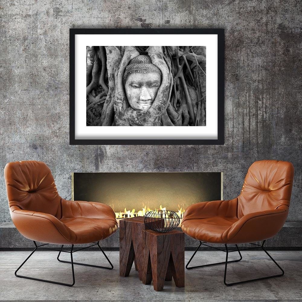 Glezna melnā rāmī - Head Of Buddha In Tree Home Trends