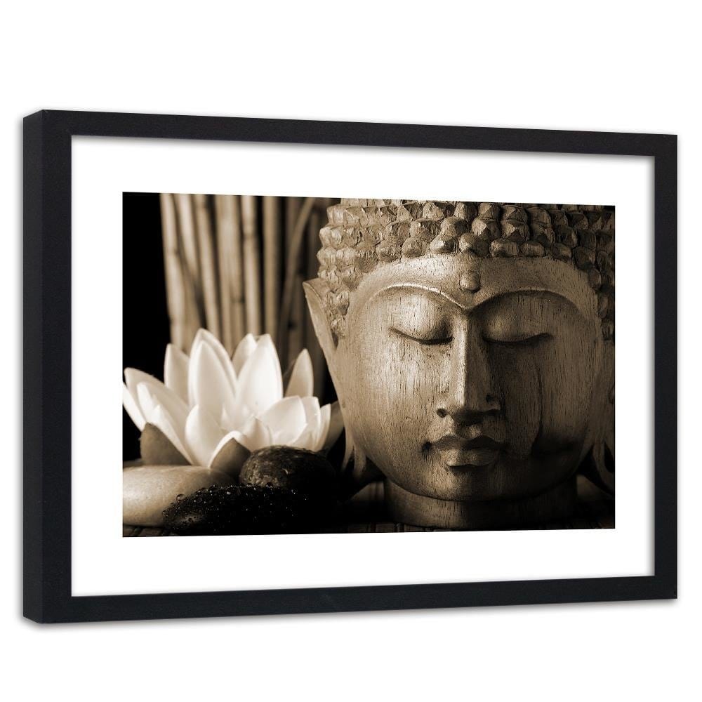 Glezna melnā rāmī - Head Of Buddha With Lily Home Trends