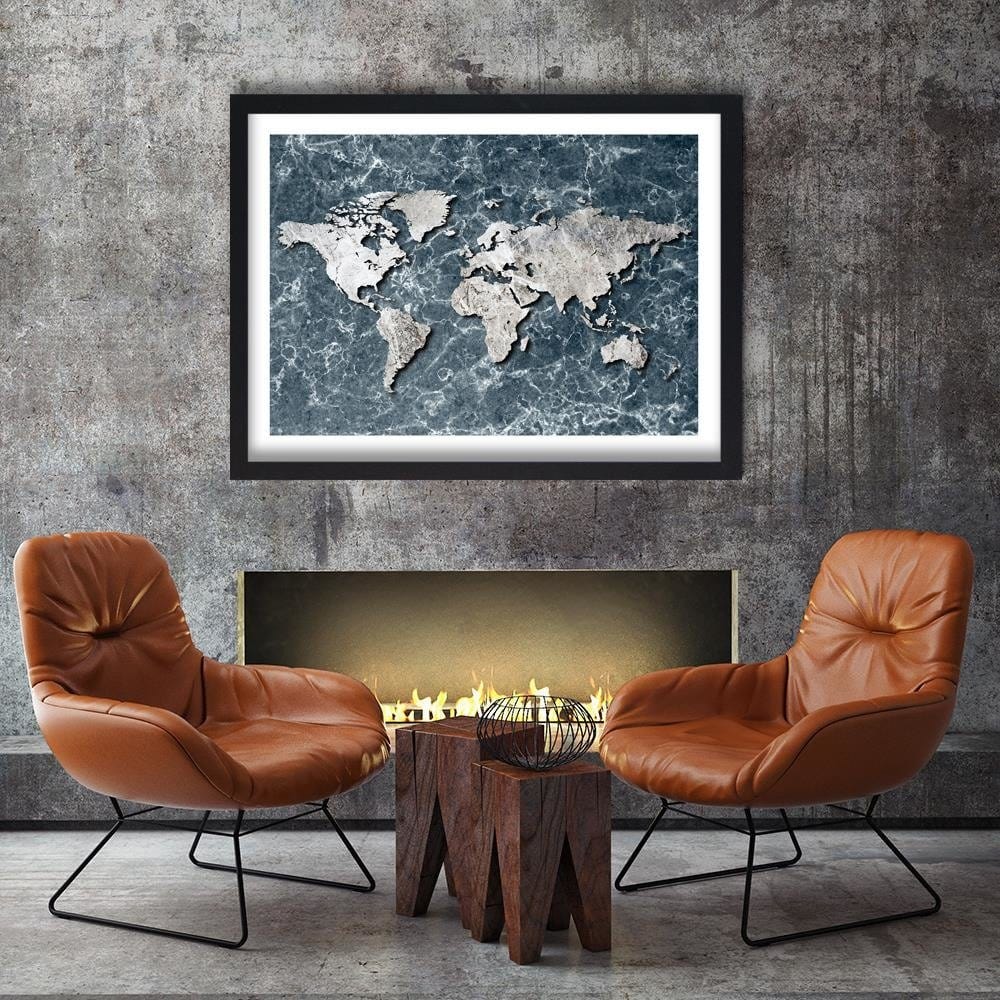 Glezna melnā rāmī - Map Of The World On Marble Home Trends