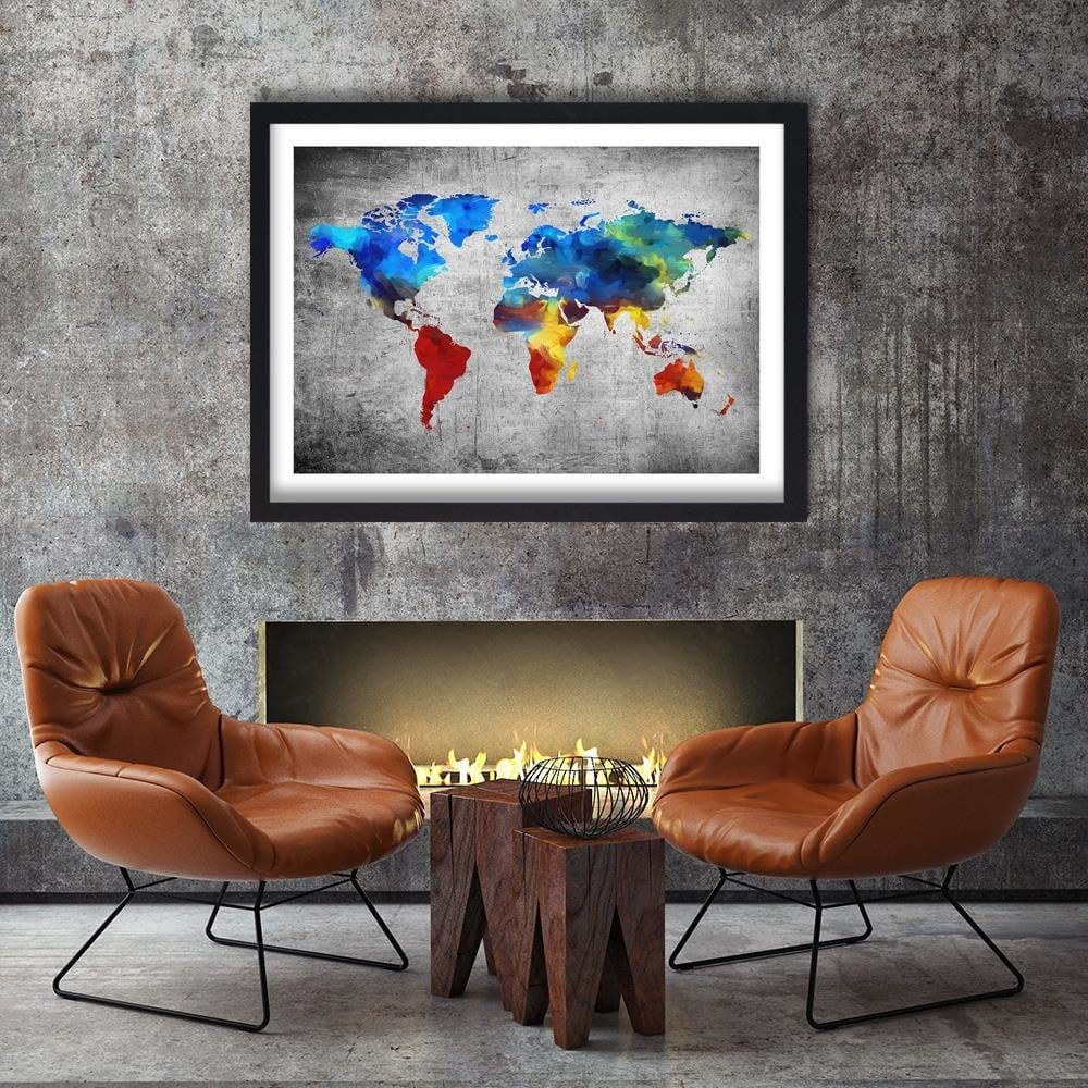 Glezna melnā rāmī - Map Of The World Painted On The Concrete Home Trends