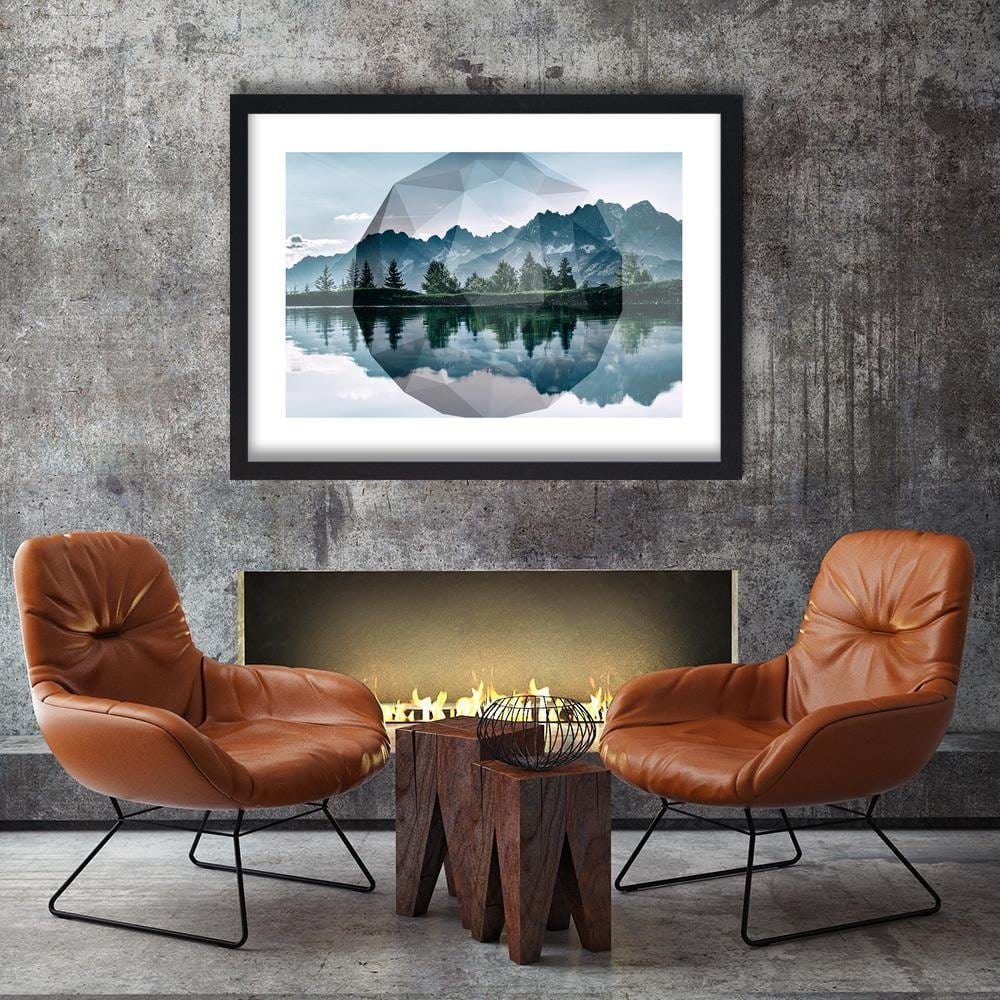 Glezna melnā rāmī - Mountain Lake And Geometry 1 Home Trends