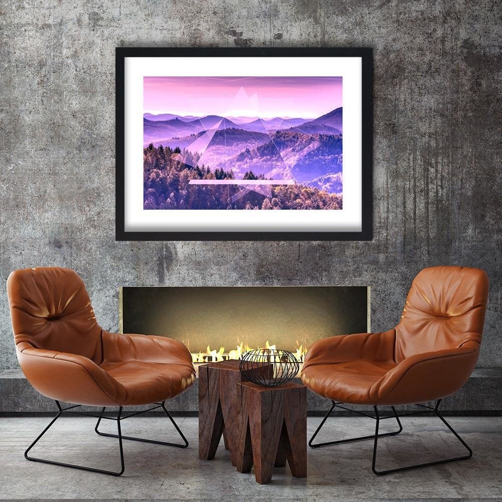 Glezna melnā rāmī - Mountain Tree And Geometry 3 Home Trends