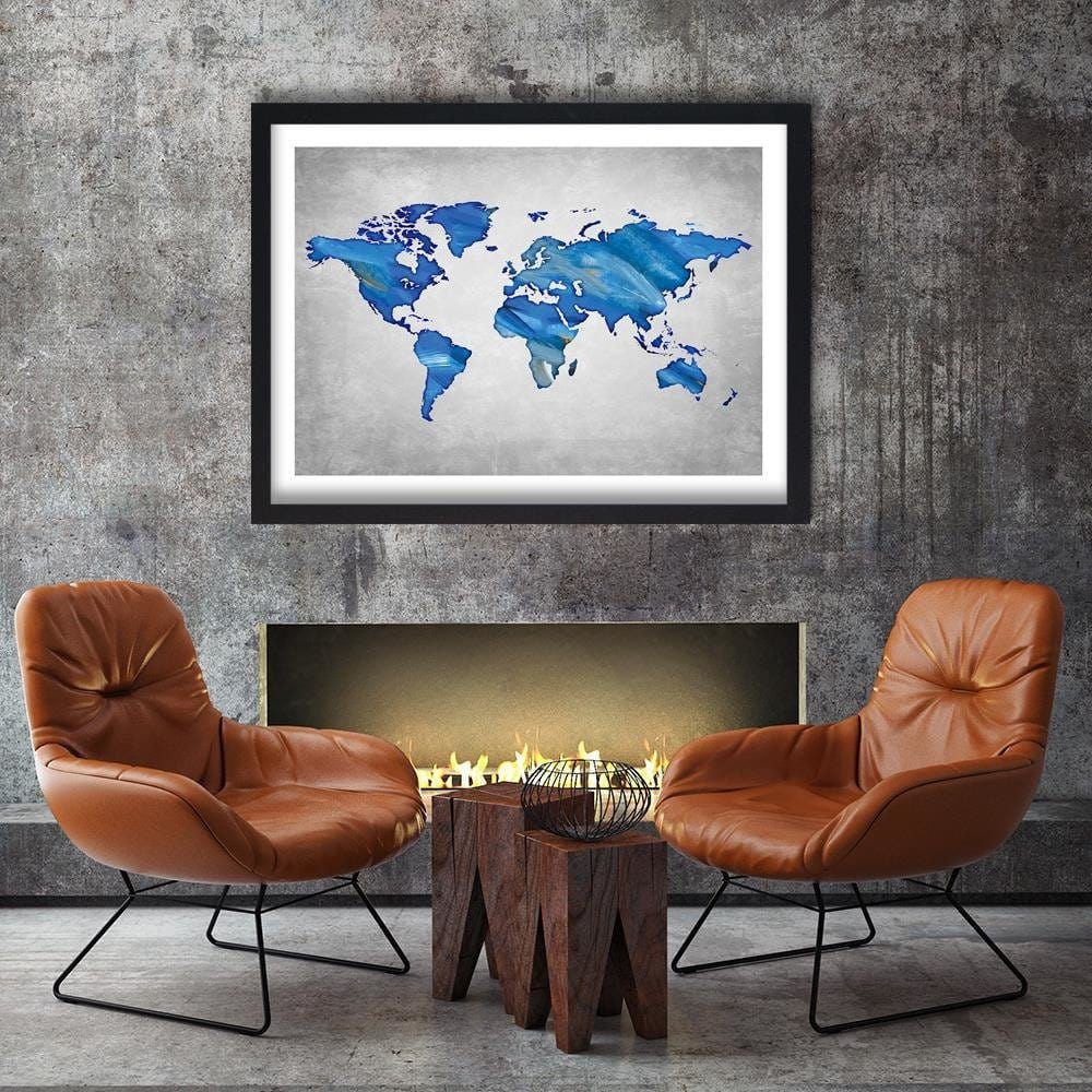 Glezna melnā rāmī - Navy Blue Map Of The World On Concrete Home Trends