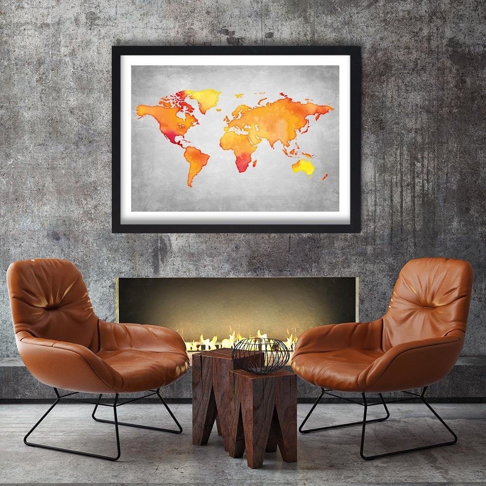 Glezna melnā rāmī - Orange World Map Home Trends