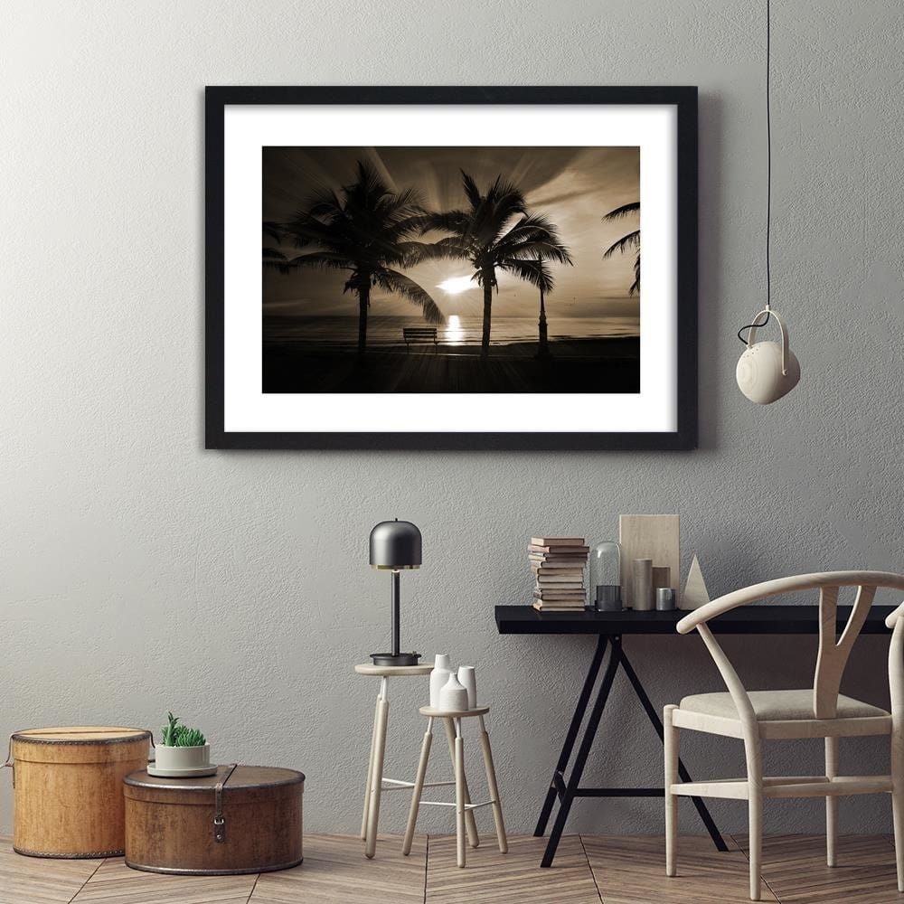 Glezna melnā rāmī - Palm Trees And Sun Rays 1 Home Trends