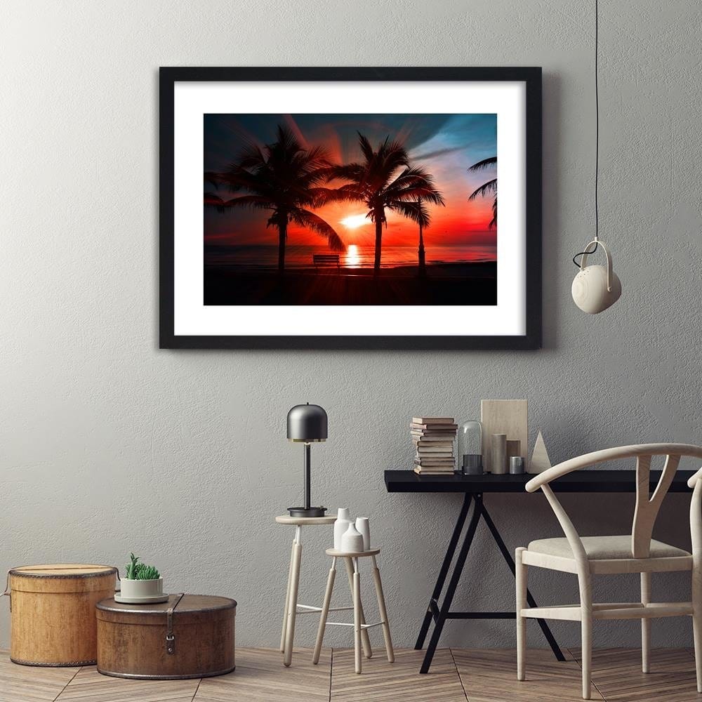 Glezna melnā rāmī - Palm Trees And Sun Rays 3 Home Trends
