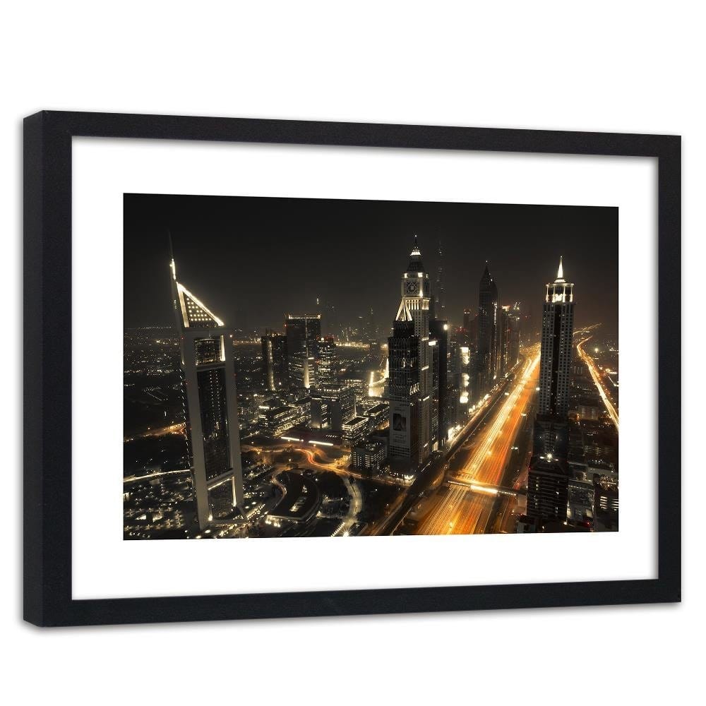 Glezna melnā rāmī - Panorama Of Dubai At Night Home Trends