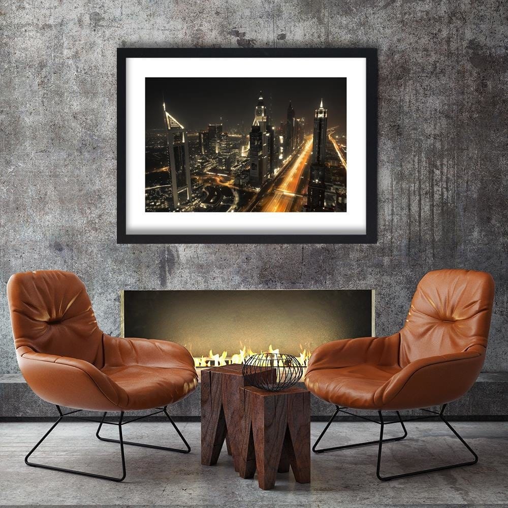 Glezna melnā rāmī - Panorama Of Dubai At Night Home Trends
