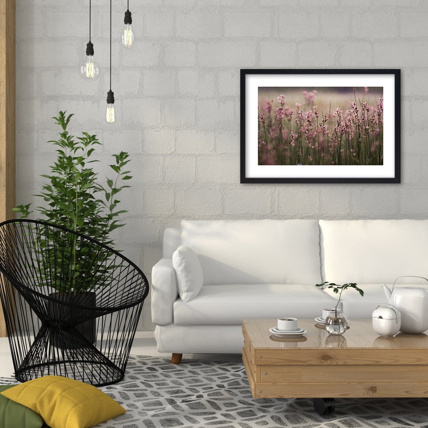 Glezna melnā rāmī - Pink Flower Field Home Trends